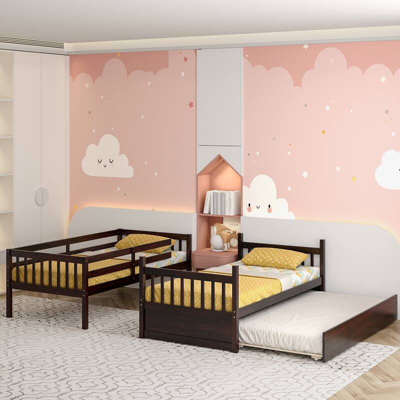 Costway Twin Over Twin Bunk Bed with Twin Trundle Solid Wood Frame - See Details