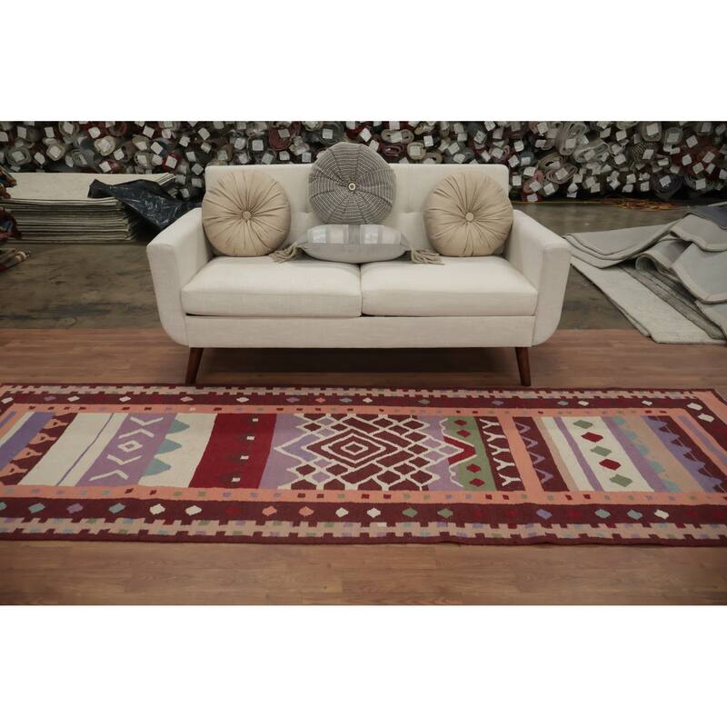 Hand Woven Oriental 100% Wool Carpet Southwestern Tribal Multi-Colored Kilim Runner Rug - 9' 10'' X 3' 2''