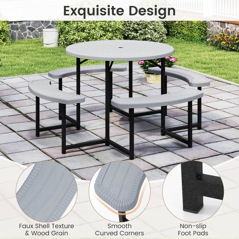 Costway Round Picnic Table Bench Set with 4 Benches Umbrella Hole All - See Details