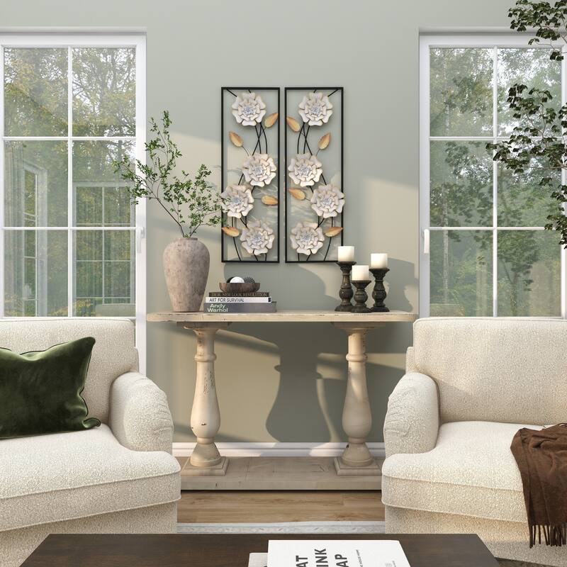 Metal Floral Dimensional Floating Home Wall Decor with Black and Gold Accents - Set of 2 White - Roche River Decor