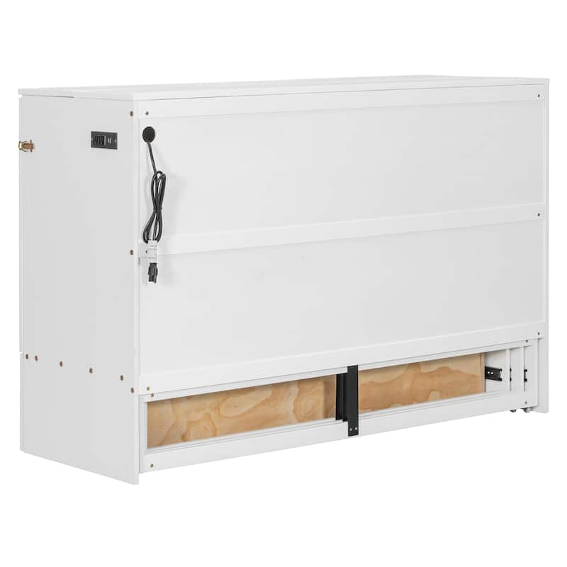 Folding Murphy Bed Queen Size Wall Cabinet Bed with Storage Drawer, Charging Station and Pulley Structure Design