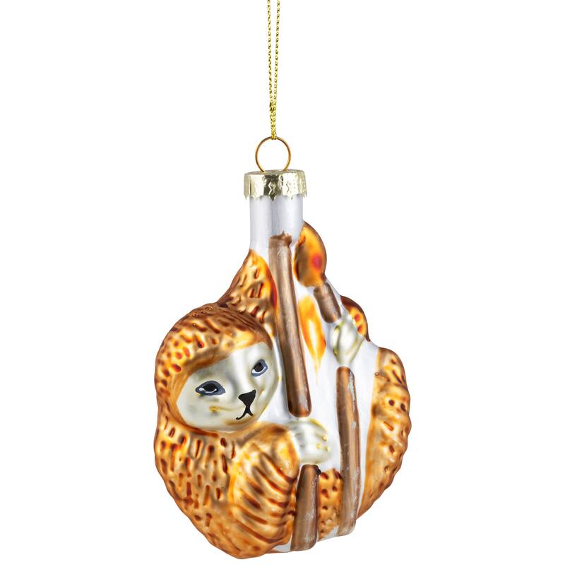 Sloth with Bamboo Glass Christmas Ornament - 4" - Gold