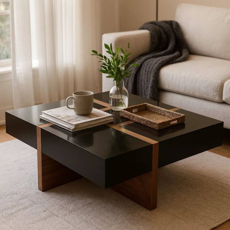 Square Top Wooden Coffee Table with 4 Drawer Storage, Brown and Black