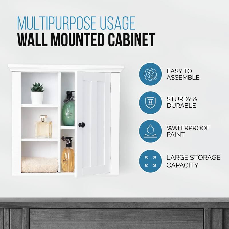 White MDF Wood Bathroom 1-Door Wall Storage Cabinet - 19.96" H x 20.87" W x 5.71" D