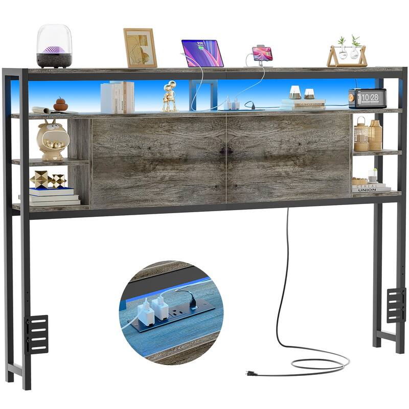 Headboards with Storage Shelves, Head Board with Power Outlet and LED Light for Bed Frame