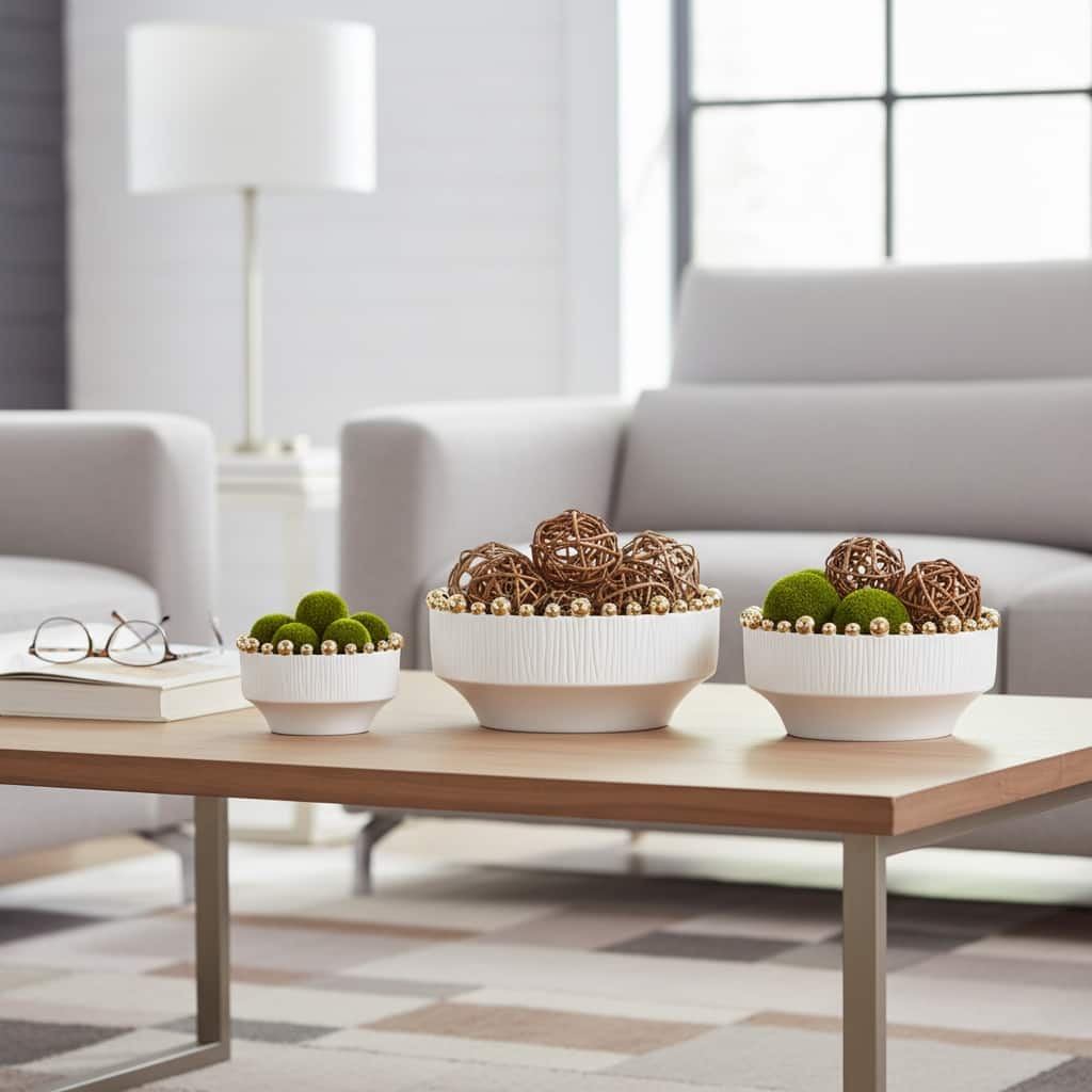 Decorative Ceramic Craft Accent Bowl -Set of 3, 7", 8", 10", White - 10.0"