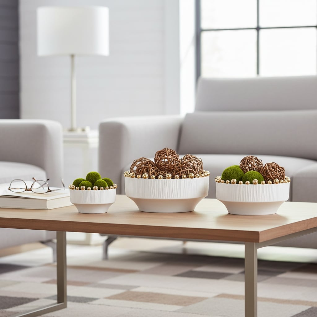 Decorative Ceramic Craft Accent Bowl -Set of 3, 7", 8", 10", White - 10.0"