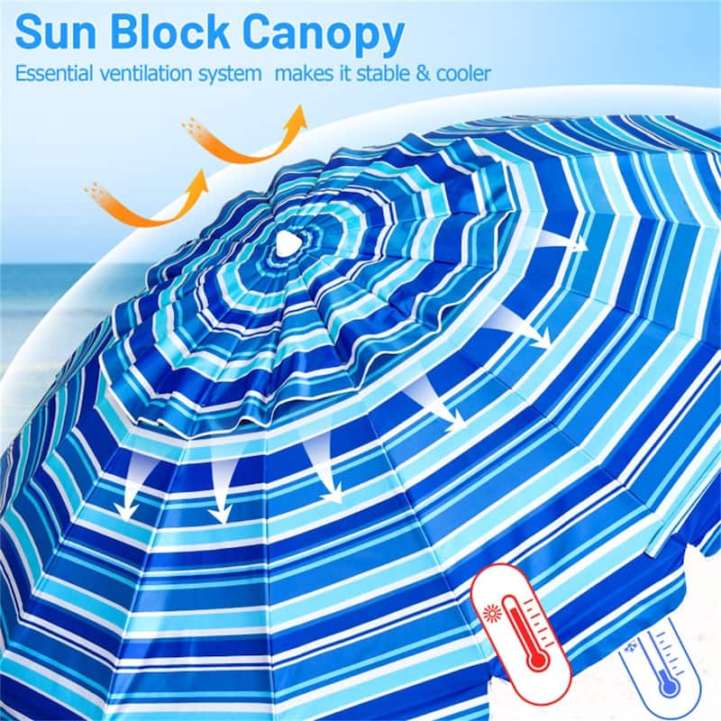 Large 8ft Beach Umbrella with Tilt and 16 Fiberglass Ribs for Beach or Patio Carry Bag Included