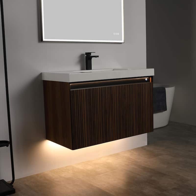 Blossom Lille Brown Walnut Floating Vanity with LED & Acrylic Sink