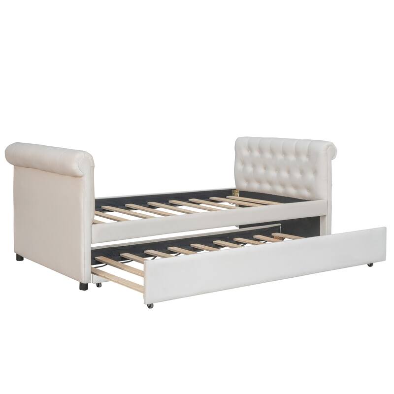 Beige Upholstered Twin Size Daybed Sofa Bed with Trundle, Fabric and Wood Frame Wood Slat Support
