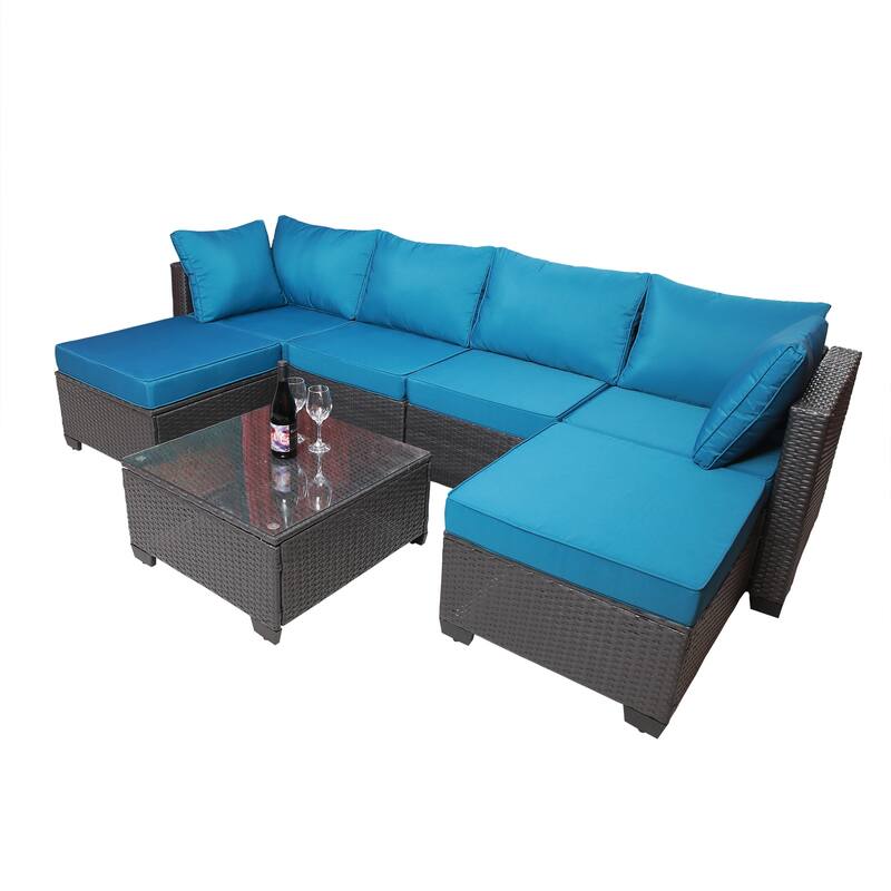 Black+Light Blue 7-piece Outdoor Garden Patio Sofa Sets with Coffee Table, Rust-Resistant Metal Frame