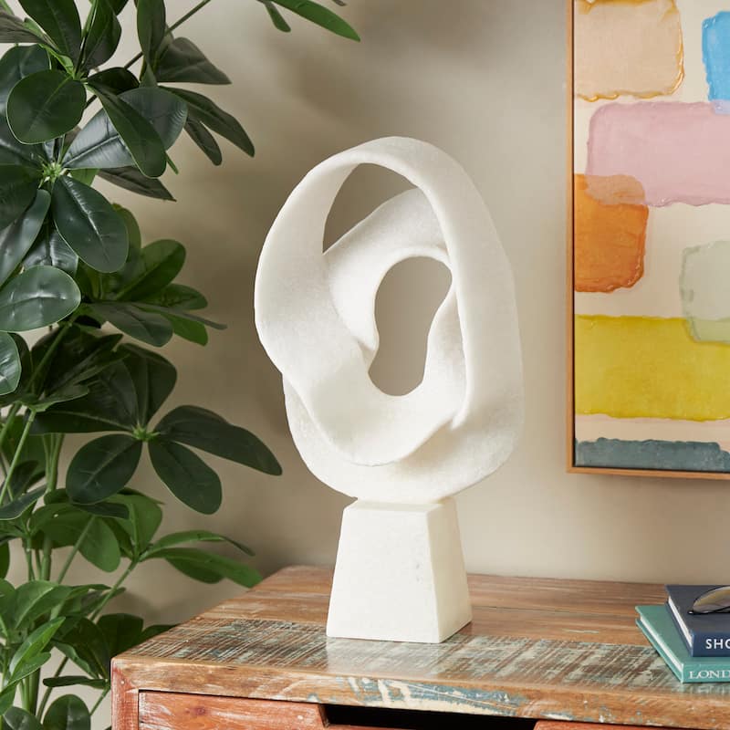 White Polystone Textured Wave Abstract Decorative Sculpture with Elevated Base - White