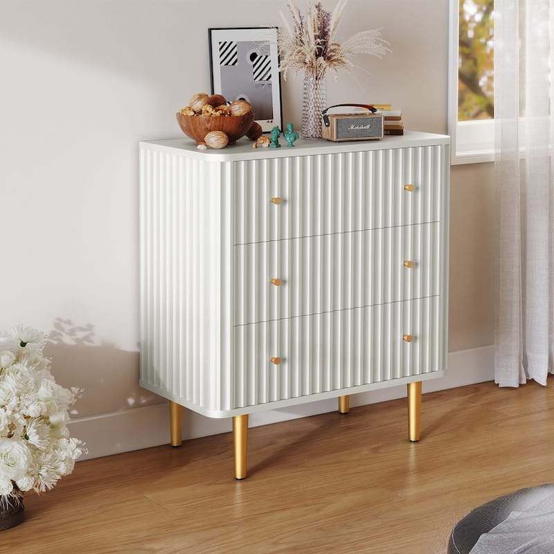 Modern White Dresser,3 Drawer Fluted Wood Storage for Bedroom - White