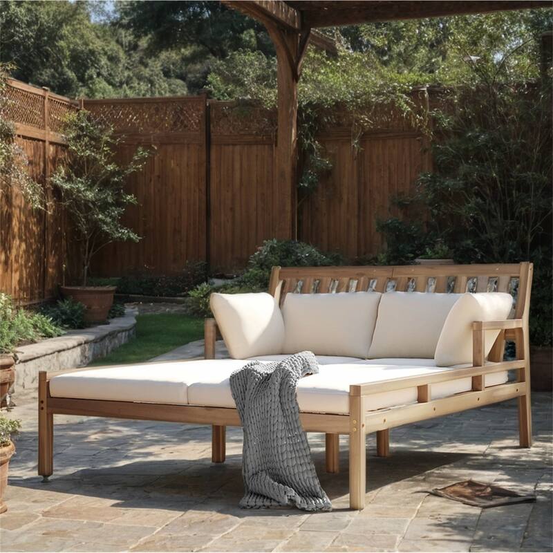 Outdoor Wood Daybed with Four Pillows and Curved Armrests