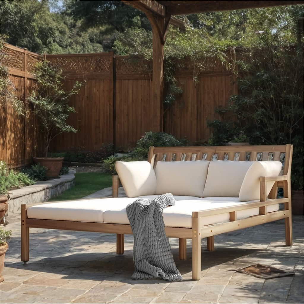 Outdoor Wood Daybed with Four Pillows and Curved Armrests