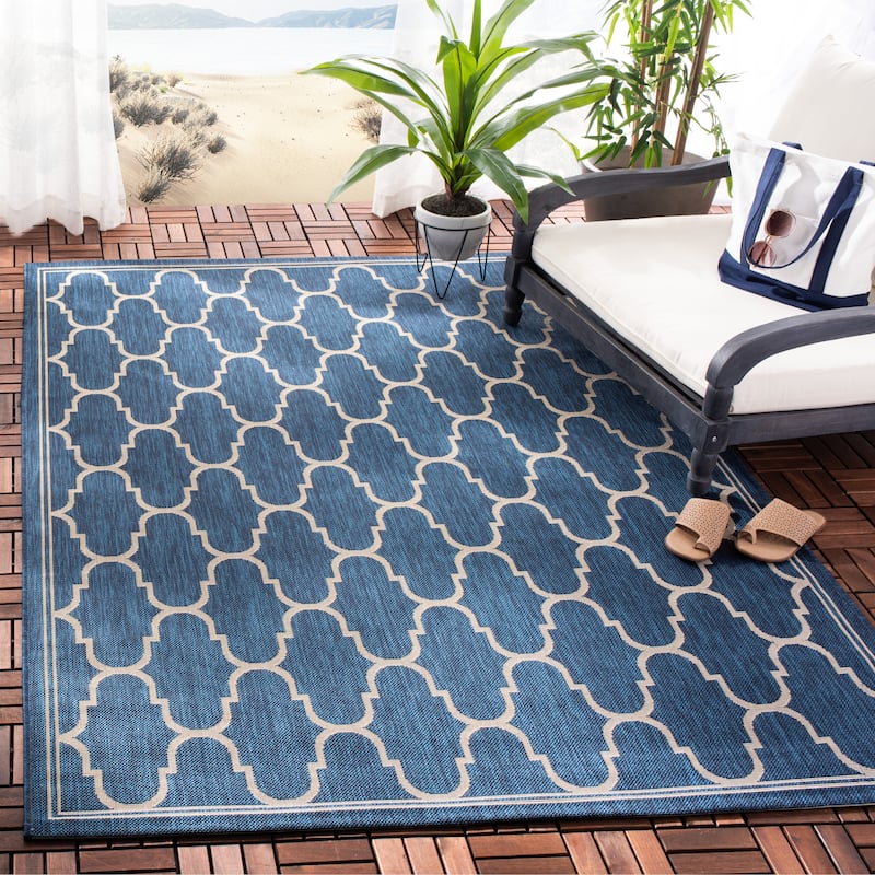 SAFAVIEH Courtyard Sufia Waterproof Trellis Backyard Patio Rug - 4' x 5'7" - Navy/Beige