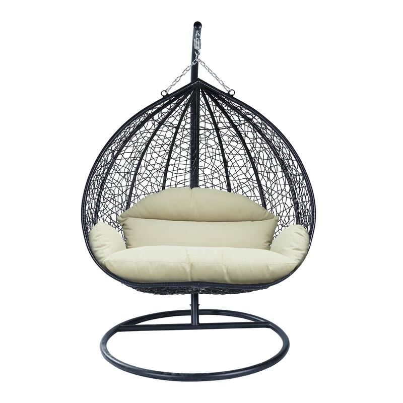 2-Person Outdoor Hanging Egg Chair with Teardrop Frame, Weather-Resistant Cotton Cushioned Seat for Patio and Indoor Use