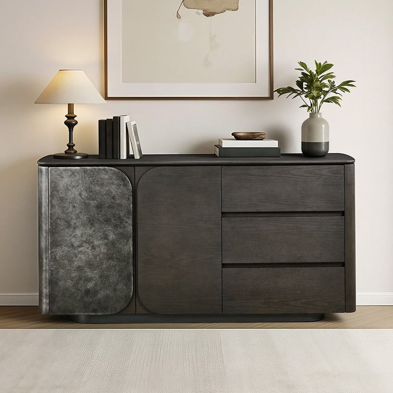 Spruce & Spring Modern Scandinavian Luxury Ash Wood Sideboard with Metallic Accent, Dark Brown Storage Buffet Cabinet