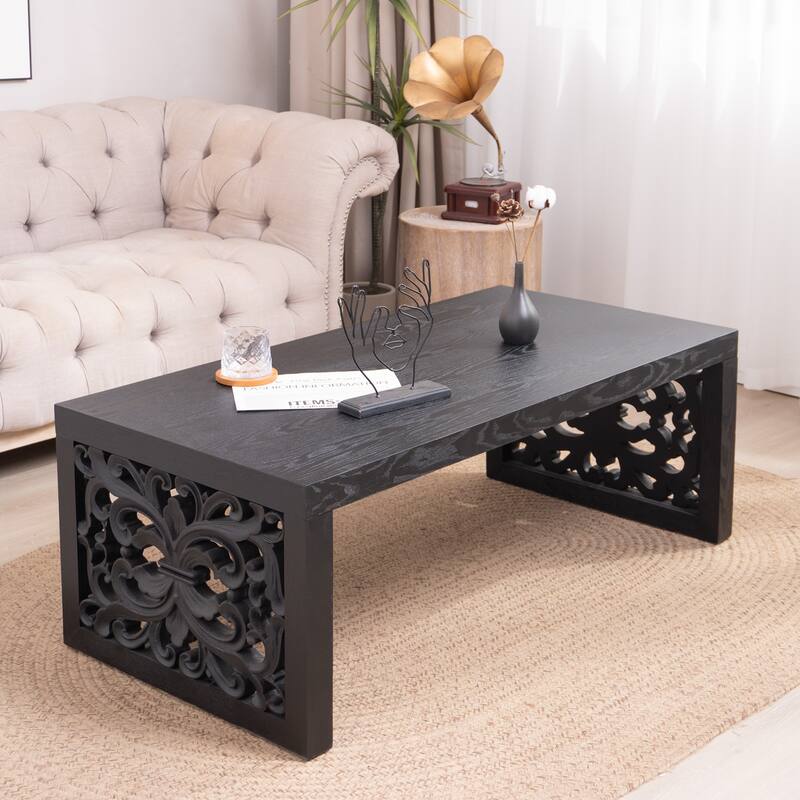 Roomfitters Rustic Carved Wood Coffee Table 47 Inch Handcrafted Look Ornate Side Panels Living Room Furniture, Natural - Black