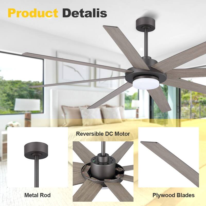 60 in. Indoor 8 Wood Blades Ceiling Fan with LED light and remote