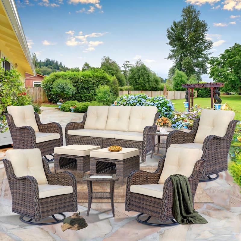Rattan Outdoor Furniture Set-9 Piece Outdoor Patio Furniture Set with Swivel Chairs - Cream-Brown Wicker