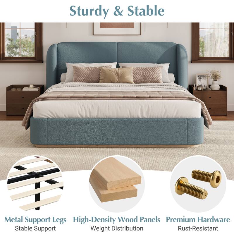 Christopher Knight Home - Valerian Boucle Upholstered Platform Bed with Double-Pillow Headboard