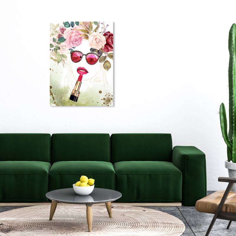 Wynwood Studio Fashion and Glam Flower Lips Pink and Pastel Pink Modern & Contemporary Wall Art Canvas Print - 36 x 30