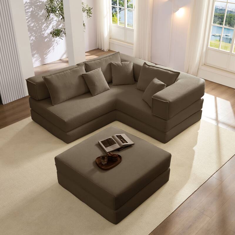 118.2" Oversized Modular Foldable Floor Sofa Couch, Corduroy Upholstered Convertible Sectional Sofa Bed w/ Pillows for Apartment
