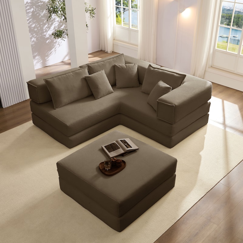 DIY Modular Corduroy L-Shaped Floor Sofa Set with 6 Pillows