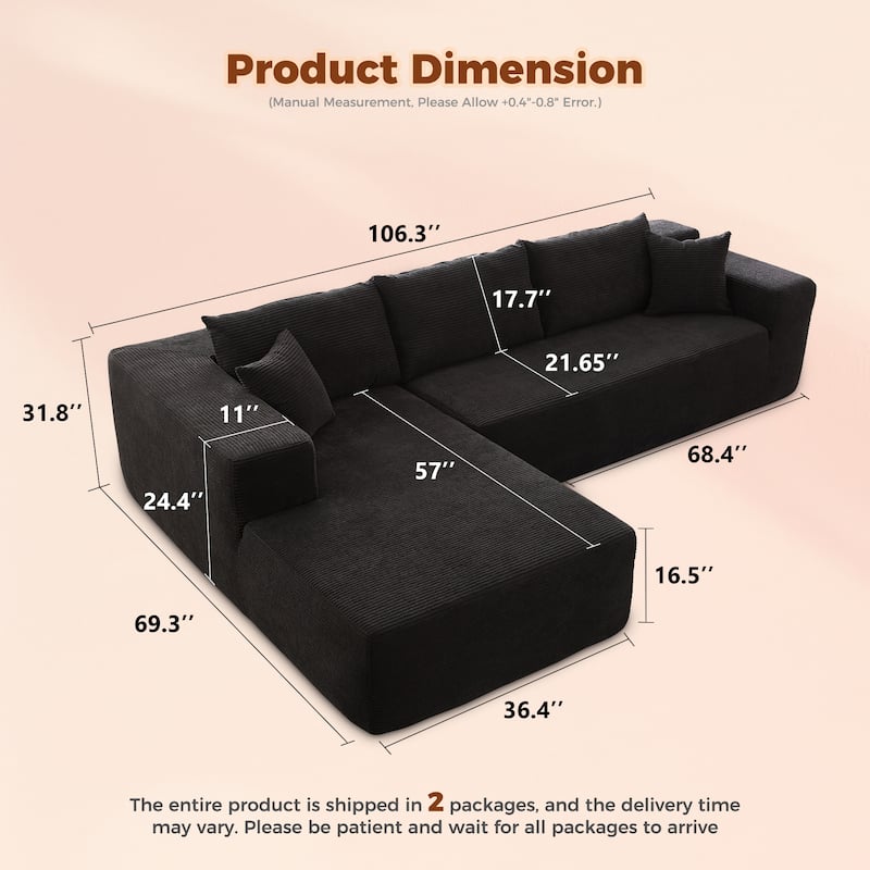 HOOOWOOO Modern L-Shaped Sectional Sofa Corduroy Upholstery Couch with Pillows