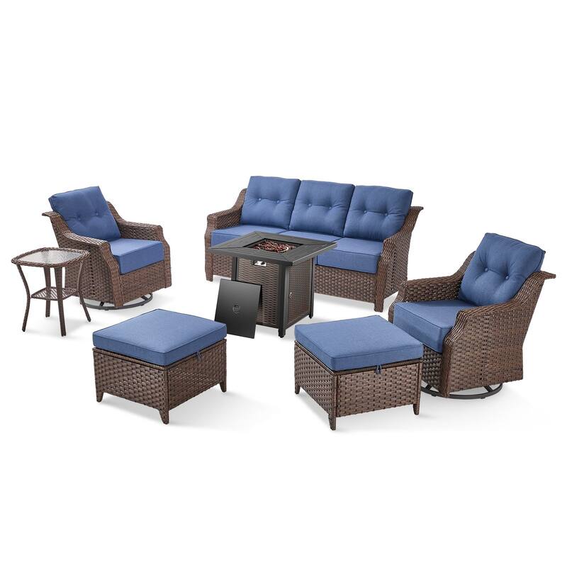 7-Piece Sofa Swivel Chairs Ottoman with 30" Firepit Table