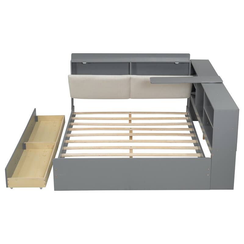 Wood Platform Bed with Storage Headboard, Shelves and 2 Drawers