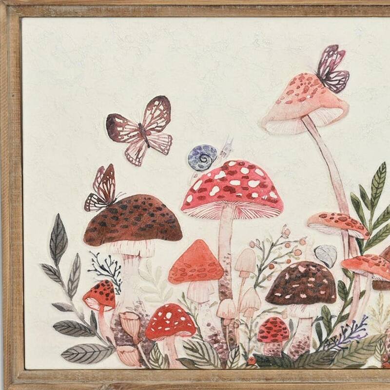 HomeRoots 20" X 26" Natural And White Butterflies and Mushrooms Metal Framed Art