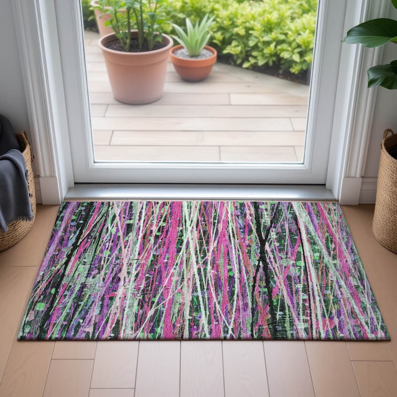 Machine Washable Indoor/Outdoor Abstract Stripes Chantille Rug