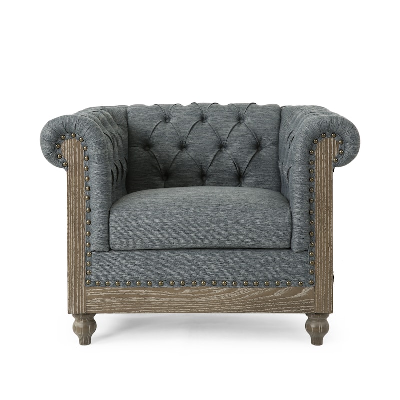 Fabric Chesterfield Club Chair, Tufted Rolled Arm Single Sofa, Mid-Century Modern Upholstered Accent Chair with Wood Frame
