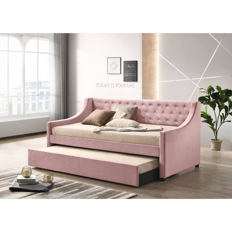 Pink Twin Size Button-tufted Velvet Daybed with Trundle - Pink