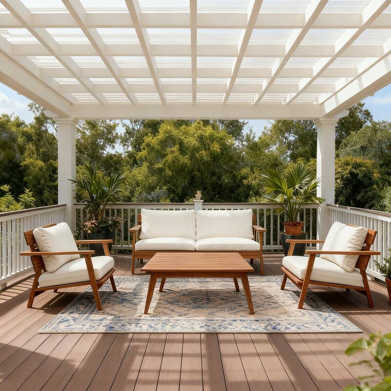 Christopher Knight Home - Mid-Century Modern 4- Piece Acacia Wood Patio Conversation Set - Teak+ Beige