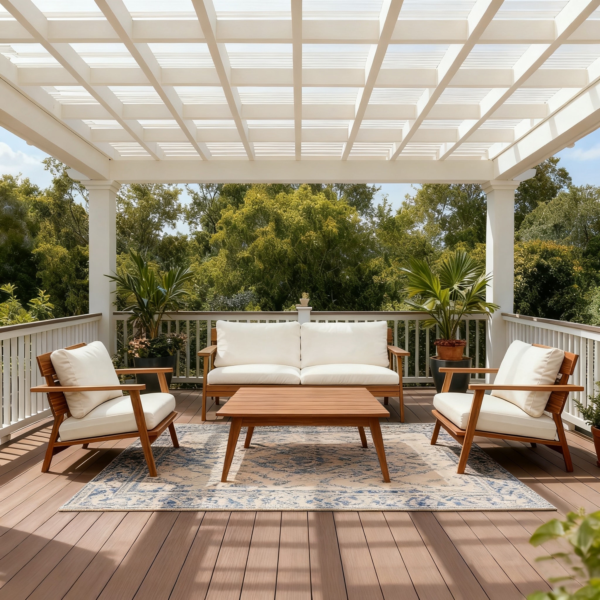 Patio Seating Set with Loveseat & Padded Club Chairs, Outdoor Conversation Set with Slatted Coffee Table