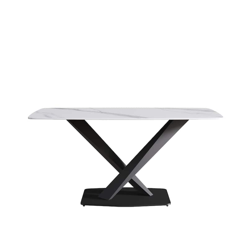 63" Modern Rectangular Sintered Stone Dining Table with Black X-Shaped Carbon Steel Legs