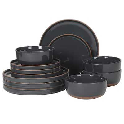 Gibson Elite Northrock Stoneware Dinnerware Set, 16-Piece Service for 4 - Plates & Bowls with Hand-Painted Terracotta Base