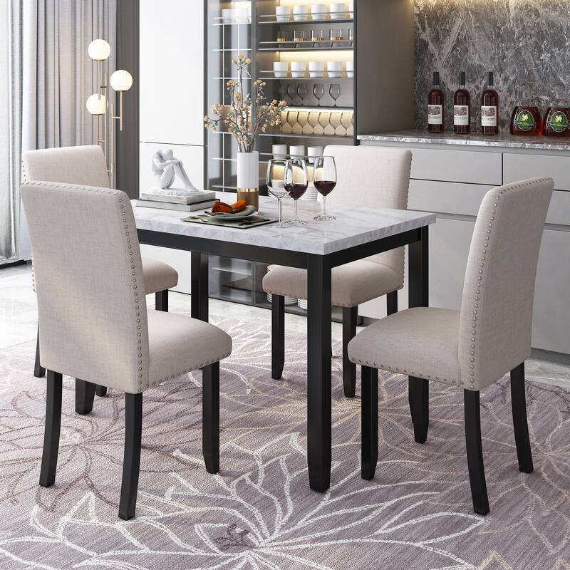 Modern 5-Piece Wooden Dining Table Set with Faux Marble Top & 4 Chairs