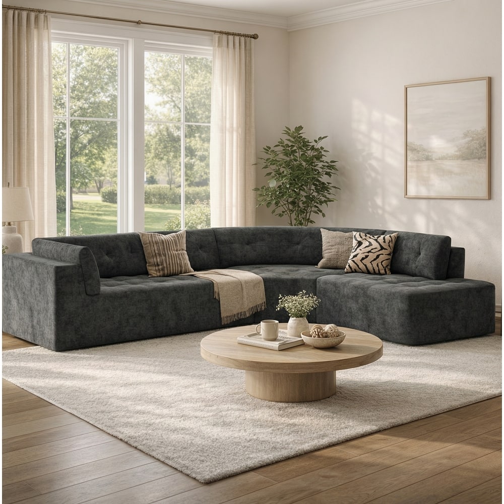 Christopher Knight Home - Modern L-Shaped Corner Sectional Sofa, Fully Upholstered Arms, Curved Right-Hand Facing, Tufted Design