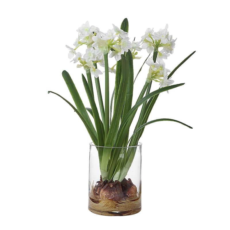 Daffodils Artificial Floral Arrangements with Glass Vase - 17" - White and Green