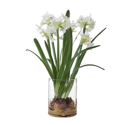 Daffodils Artificial Floral Arrangements with Glass Vase - 17" - White and Green