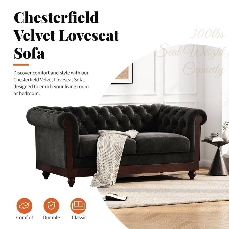 2-Person Rolled Arm Dutch Plush Upholstered Sofa Couch with Tufted Button