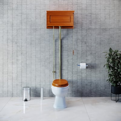 High Tank Toilet - Light Mahogany Flat Tank, White Elongated Bowl and Brass L Pipe Renovators Supply