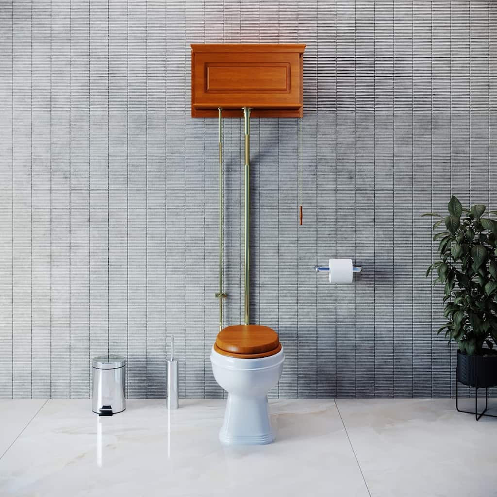High Tank Toilet - Light Mahogany Flat Tank, White Elongated Bowl and Brass L Pipe Renovators Supply
