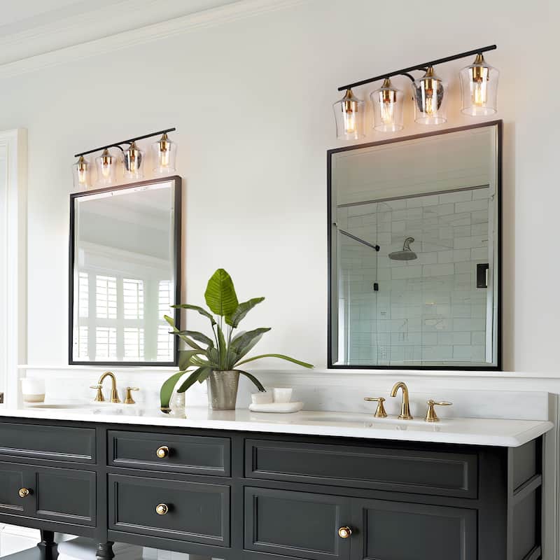 Modern Black Gold 2/3/4-Light Linear Bathroom Vanity Lights with Seeded Glass
