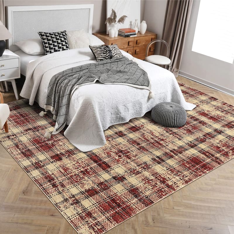 Garvee Earthy Plaid Soft Low Pile Foldable Area Rug