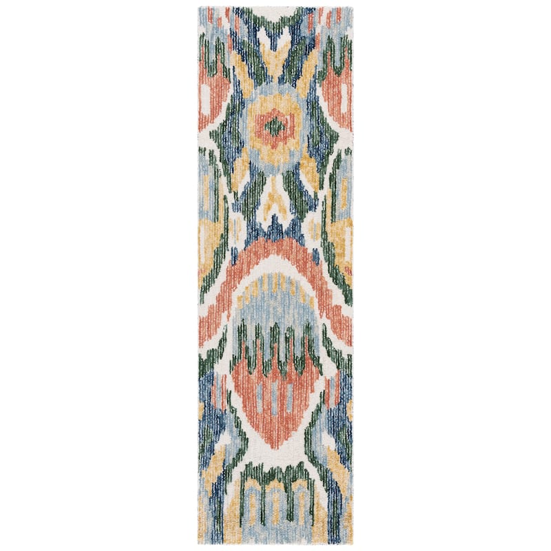 SAFAVIEH Handmade Ikat Katiuscia Bohemian Wool Rug - 2'3" x 8' Runner - Green/Rust